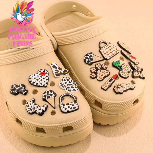 1/25pcs Leopard Print Shoe Charms Lipstick Cherry Butterfly Shoe Decorations Pins for Hot Girl Women Sandals Accessories Buckles - Cheeky Fantail Finds