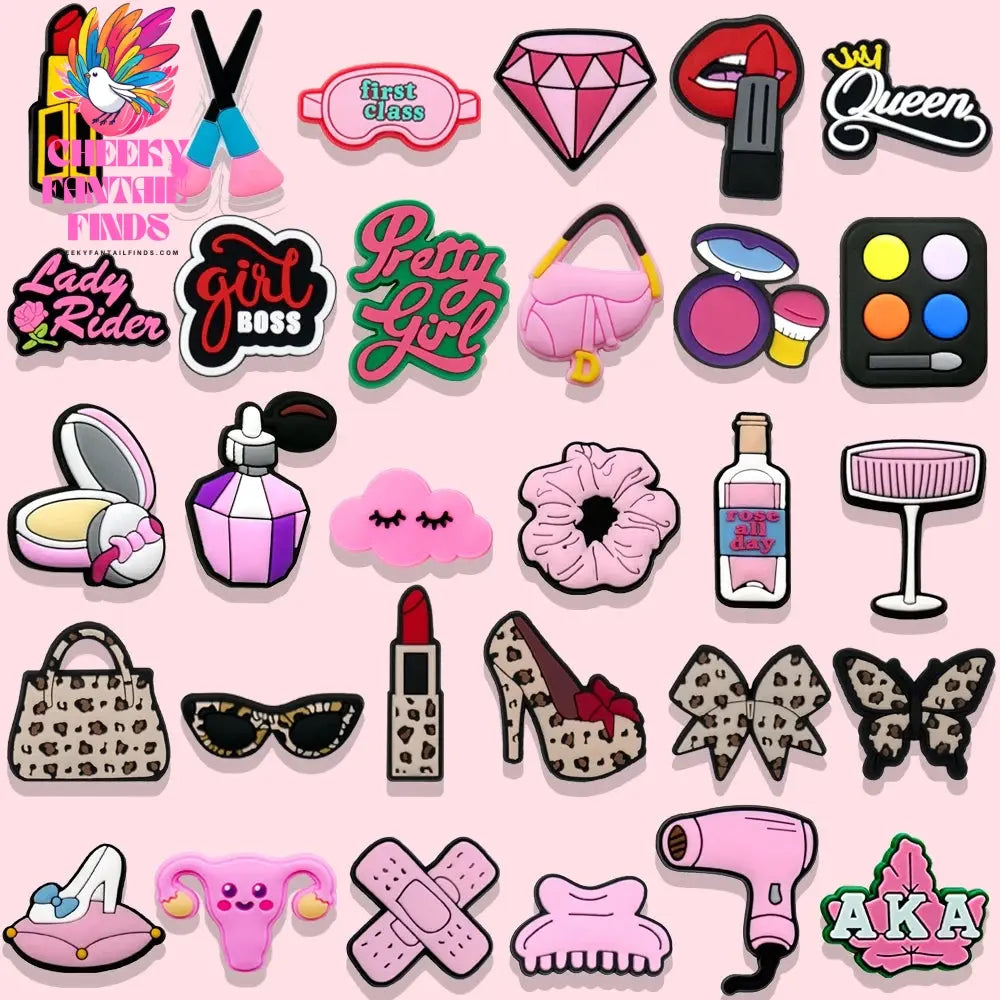 1/30pcs Beauty Care Shoe Charms Lipstick Leopard Print Girlboss Queen Shoe Decorations Pins for Women Girl Pink Pins Accessories - Cheeky Fantail Finds