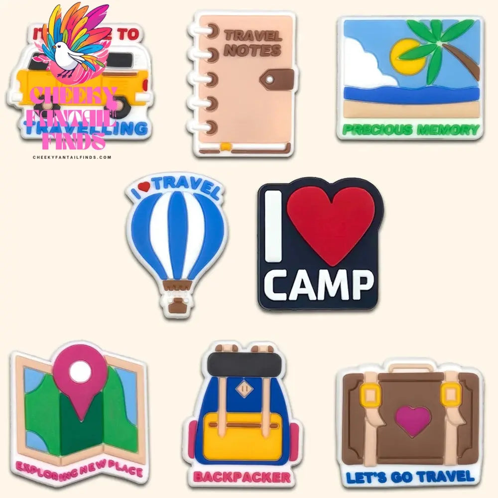 1/8/26pcs Camping Shoe Charms Casual Travel Shoe Decorations Pins for Women Men Travelers Gifts Sandal Accessories Clog Buckles - Cheeky Fantail Finds
