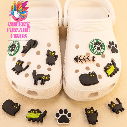 1-9pcs PVC Black Cats Shoe Charms Cute Animal Shoe Decorations Pins for Kids Girls Boy Favor Gift Sandal Accessories Clog Buckle - Cheeky Fantail Finds