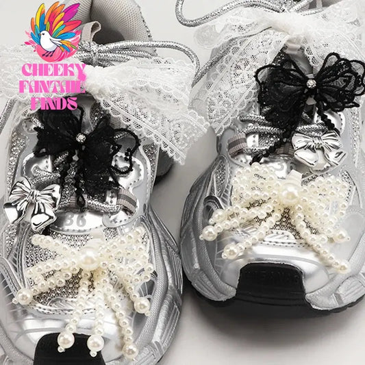 1 Pair Fashion Bowtie Flower Lace Shoelaces Buckle Shoes Charms Pearl Rhinestone Shoelace Decoration Shoe Accessoriess for Woman Cheeky Fantail Finds