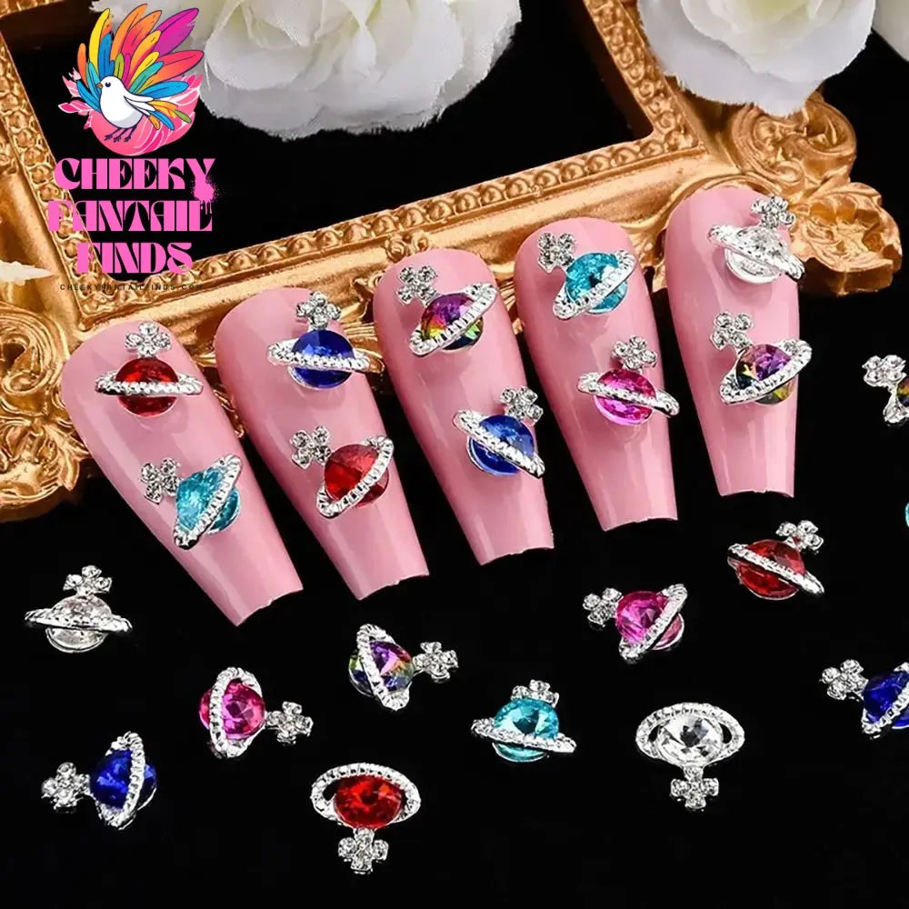 10Pcs 3D Zircon Alloy Nail Art Decoration Saturn Planet Cross Gems Stones Crystal Rhinestones Nail Charms Nail Accessories Cheeky Fantail Finds