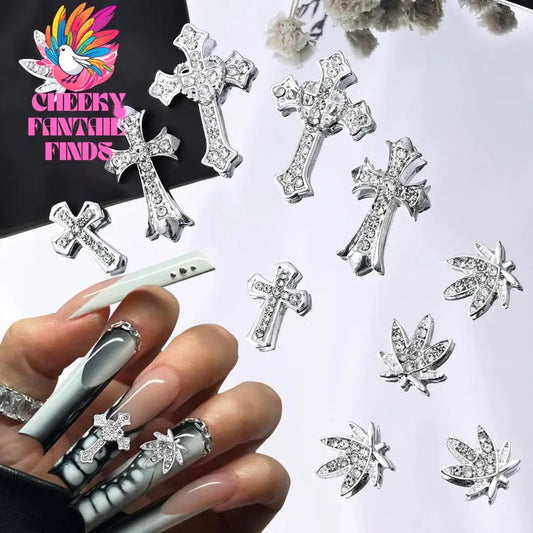 10Pcs/Lot Halloween Luxury Silver Cross Nail Art Charm Parts Punk Y2K Metal Style Jewelry Alloy Shinny Nail Diamond Decoration Cheeky Fantail Finds