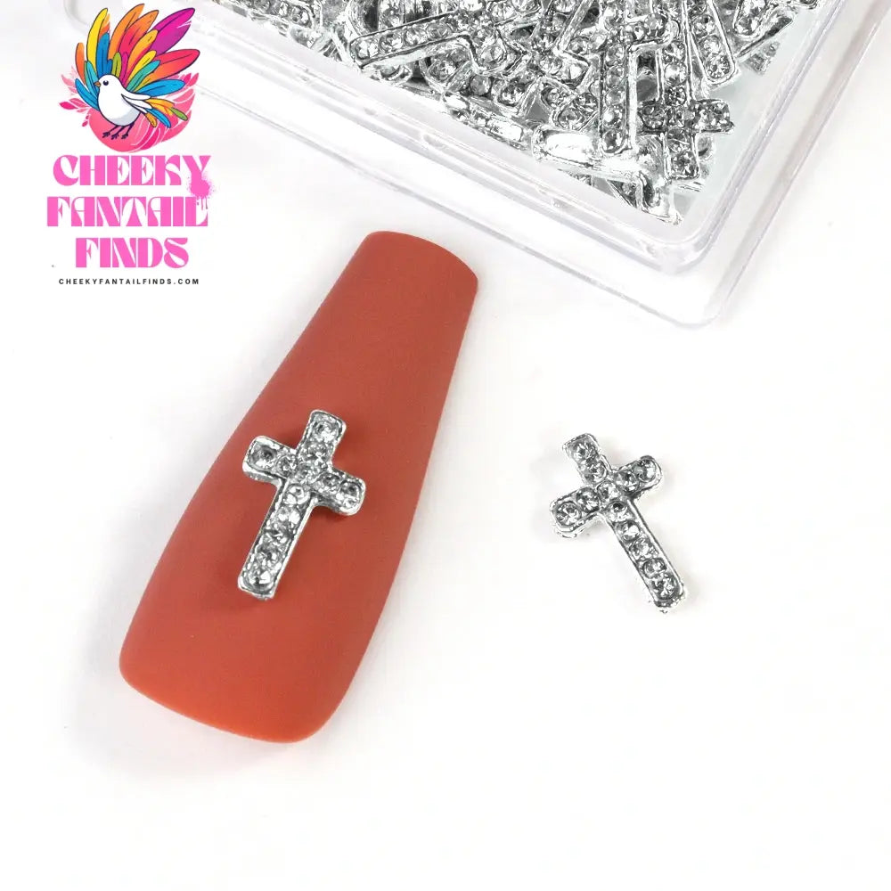 10Pcs/Lot Halloween Luxury Silver Cross Nail Art Charm Parts Punk Y2K Metal Style Jewelry Alloy Shinny Nail Diamond Decoration Cheeky Fantail Finds