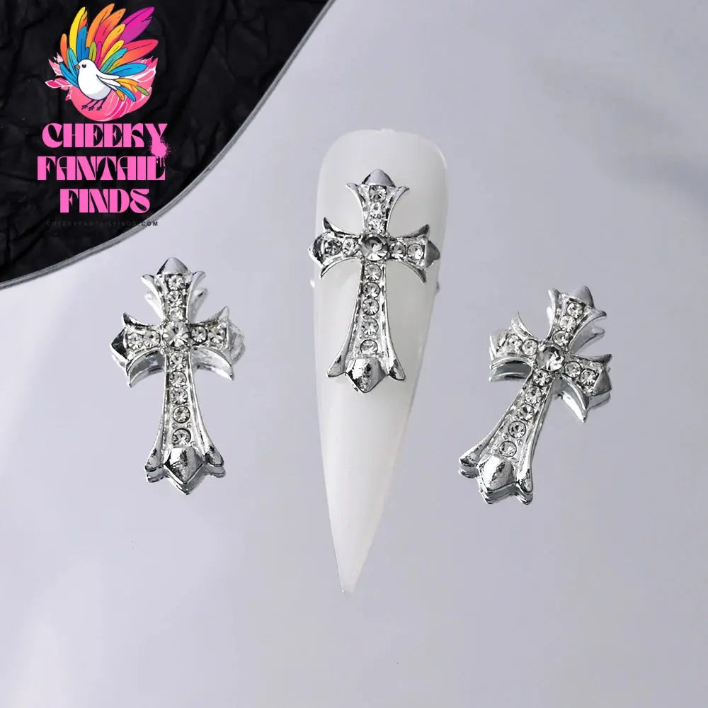 10Pcs/Lot Halloween Luxury Silver Cross Nail Art Charm Parts Punk Y2K Metal Style Jewelry Alloy Shinny Nail Diamond Decoration Cheeky Fantail Finds
