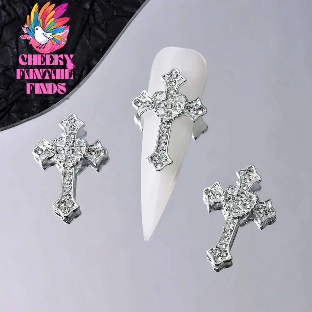 10Pcs/Lot Halloween Luxury Silver Cross Nail Art Charm Parts Punk Y2K Metal Style Jewelry Alloy Shinny Nail Diamond Decoration Cheeky Fantail Finds