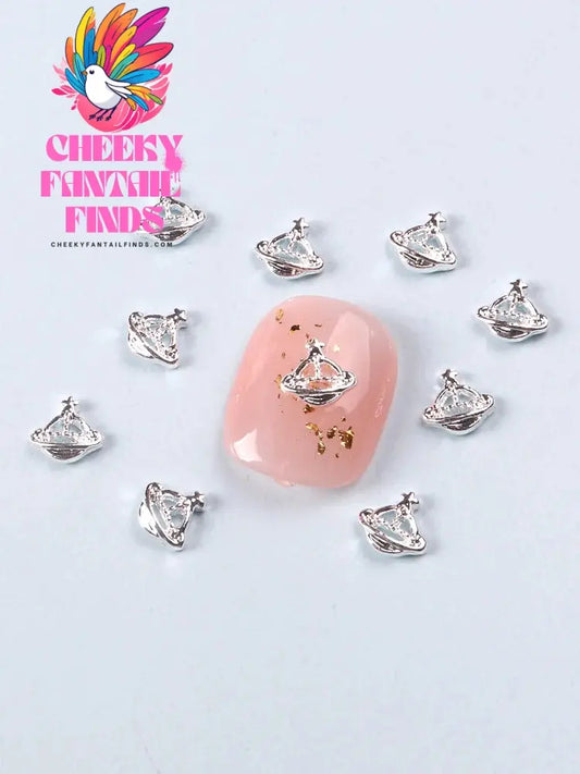 10Pcs/Lot Nail Charms Silver Planet Punk Style Colorful Rhinestone Metal Decorations Luxury Nail Accessories DIY Cheeky Fantail Finds