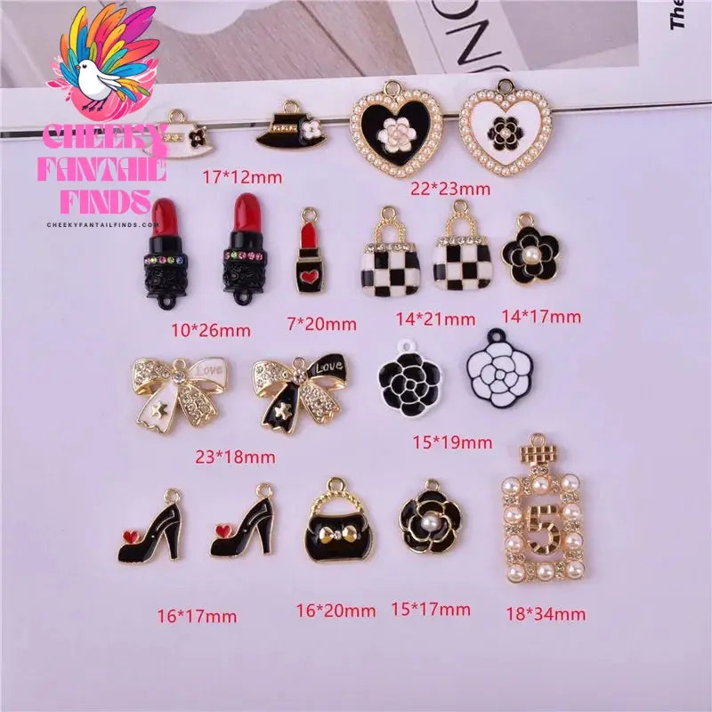 10pcs Perfume Bottle Enamel Charms Lipstick Bow Tie High-heeled Shoes Bag Pendants DIY Earrings Necklace Accessory Jewelry Craft Cheeky Fantail Finds