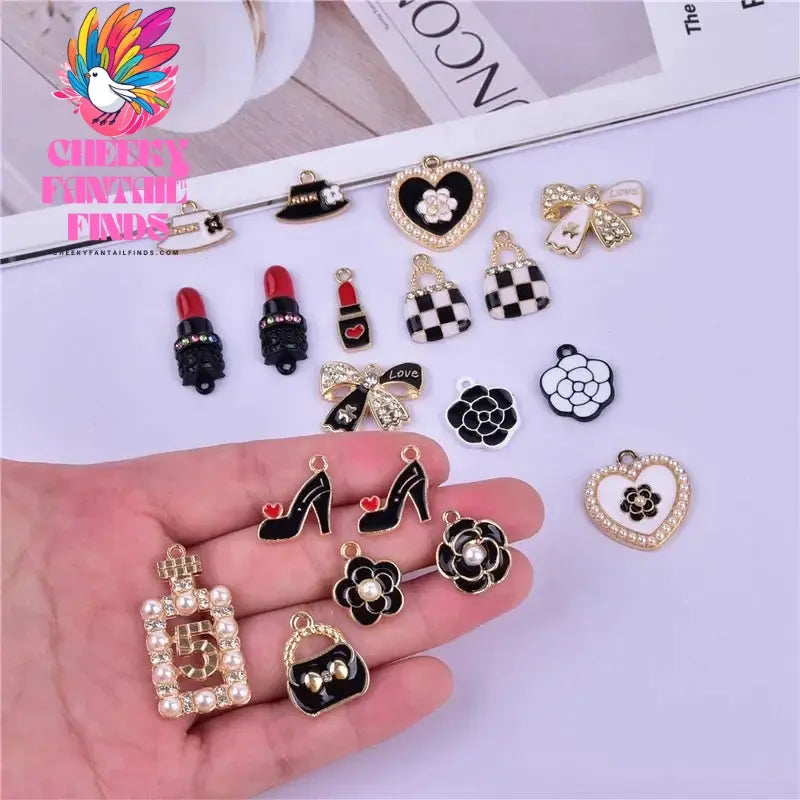10pcs Perfume Bottle Enamel Charms Lipstick Bow Tie High-heeled Shoes Bag Pendants DIY Earrings Necklace Accessory Jewelry Craft Cheeky Fantail Finds