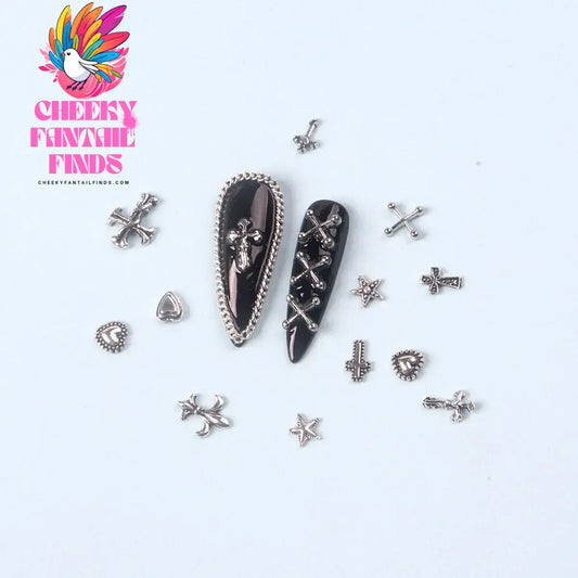 12 Grids Mixed 3D Punk Silver Heart Cross Metal Manicure Nail Decoration Retro Different Design Cross Nails Art Charms Cheeky Fantail Finds