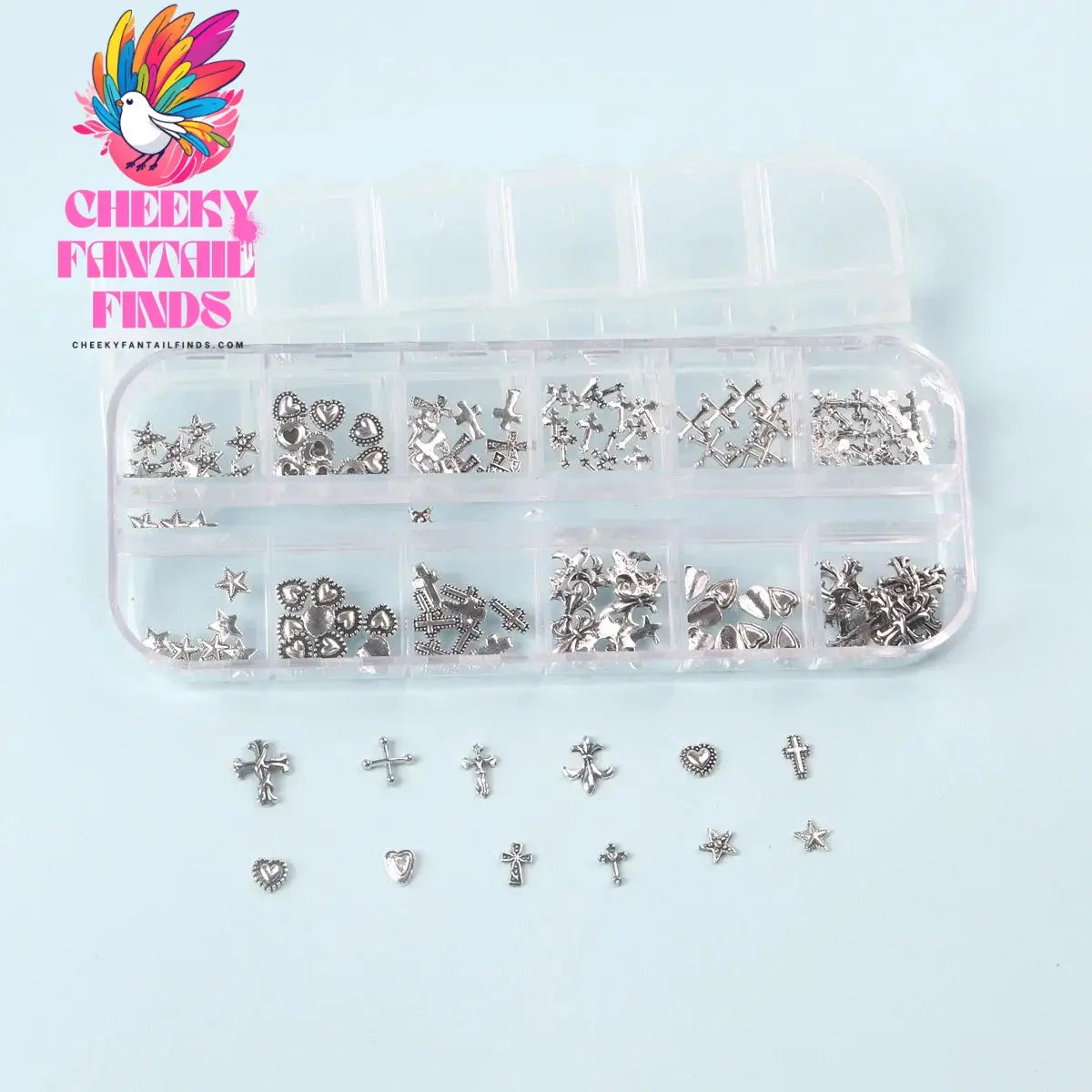 12 Grids Mixed 3D Punk Silver Heart Cross Metal Manicure Nail Decoration Retro Different Design Cross Nails Art Charms Cheeky Fantail Finds