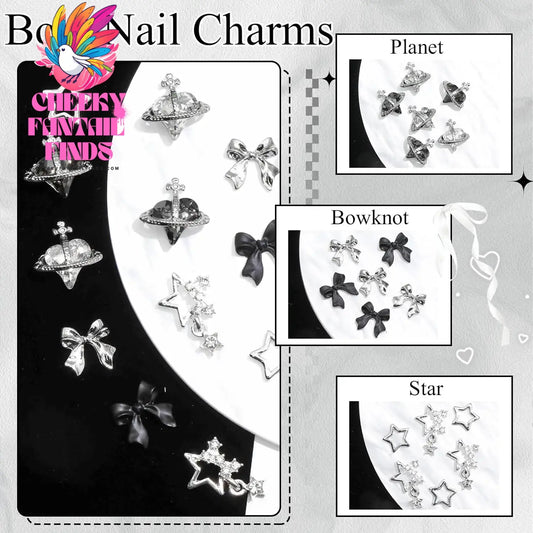 122PCS Star Nail Charms 3D Silver Nail Charms Alloy Bow Charms Crystal Starlight Black Planet Nail Charms Acrylic Bowknot Cheeky Fantail Finds