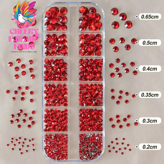 12grids Red Nail Gems Rhinestones 2/3/4/5mm Flat-Back Nail Crystal Diamond SS6/10/16/20/30 Mixed Luxury Glass Rhinestones Charms Cheeky Fantail Finds