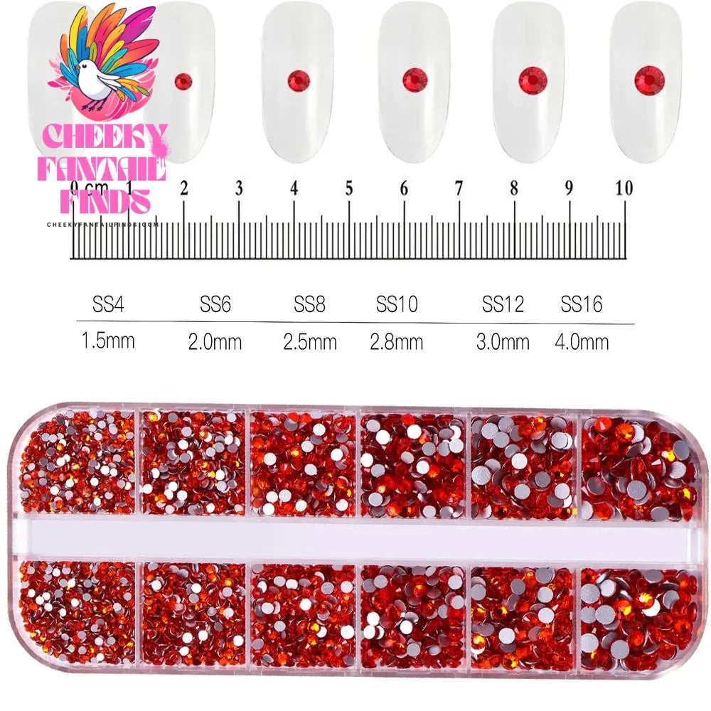 12grids Red Nail Gems Rhinestones 2/3/4/5mm Flat-Back Nail Crystal Diamond SS6/10/16/20/30 Mixed Luxury Glass Rhinestones Charms Cheeky Fantail Finds