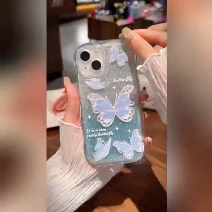 Butterfly Soft Phone Case for iPhone 14 Pro Max, 12 Pro, 13, 11 - Luxury, Romantic Wave Glitter, Clear Cover with Chain Lanyard