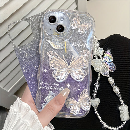 Butterfly Soft Phone Case for iPhone 14 Pro Max, 12 Pro, 13, 11 - Luxury, Romantic Wave Glitter, Clear Cover with Chain Lanyard