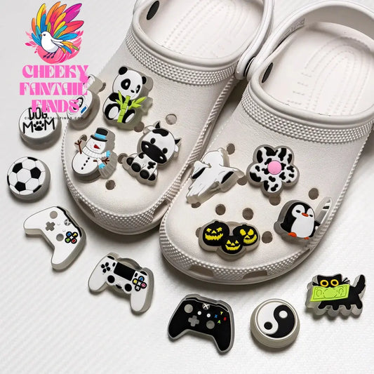 1PCS Black&White Cat Panda Cow Penguin LED Shoes Charms Gamepad Football Shoe Decoration Accessories Ghost Pumpkin Pins Clog Cheeky Fantail Finds