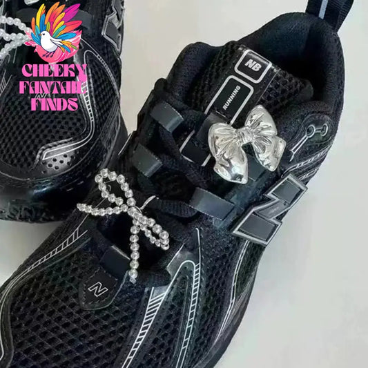 1pair Fashion Pearl Bowknot Shoelace Accessories Silver Jelly Color Bow Shoe Charms Sneakers Decorations DIY Phone Chain Jewelry Cheeky Fantail Finds