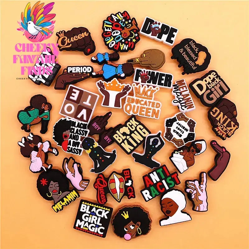 1pcs Black King Period PVC Theme Shoe Charms Decorations Melanin Magic Power Shoe Accessories Boy Bye Vote Shoes Buckle Pin Clip Cheeky Fantail Finds