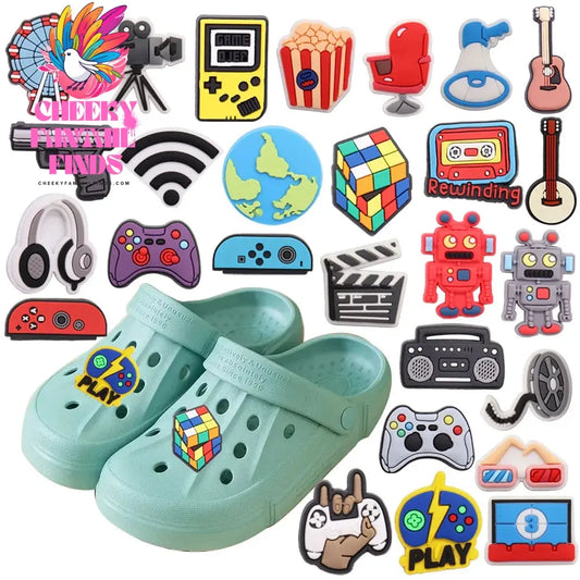 1pcs PVC Shoe Charms Game Console Popcorn Movie Speaker Gun Wifi Ferris Wheel Earth Hole Slipper Decoration Bands Bracelets Cheeky Fantail Finds