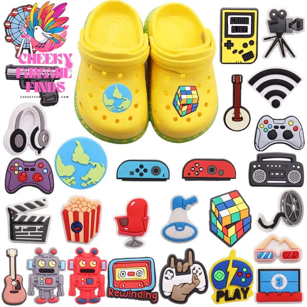 1pcs PVC Shoe Charms Game Console Popcorn Movie Speaker Gun Wifi Ferris Wheel Earth Hole Slipper Decoration Bands Bracelets Cheeky Fantail Finds