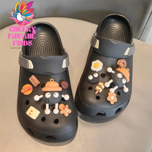 2024 New Black And white Contrasting Coal Ball Elf Hole Shoe Flower Set Bread Coffee Shoe Buckle Slippers Detachable Accessories Cheeky Fantail Finds