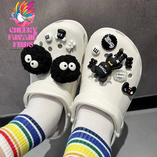 2024 New DIY Black Plush Ball Shoes Charms for Furry Ball Cute Holes Charms Designer Lovely Shoe Accessories All-match Hot Sale Cheeky Fantail Finds