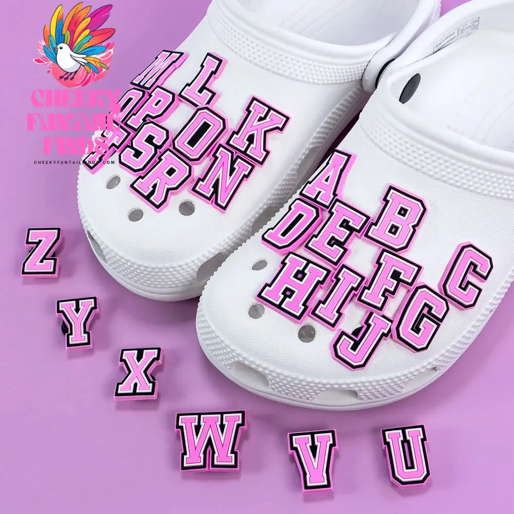 26PCS English Letter Set Fashion Metal Noctilucent Shoe Charms Pink Gloden Shoe Buckle for Clog fit Women Men Accessories Gifts Cheeky Fantail Finds