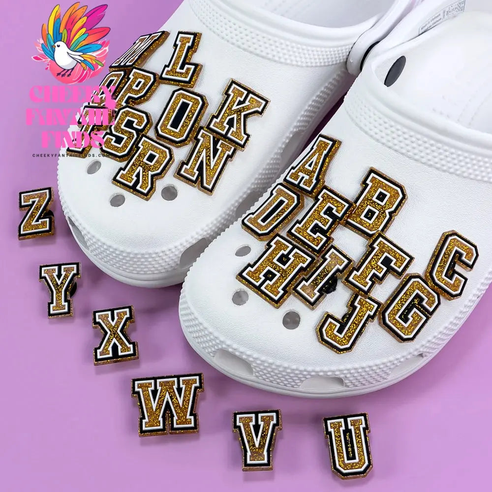 26PCS English Letter Set Fashion Metal Noctilucent Shoe Charms Pink Gloden Shoe Buckle for Clog fit Women Men Accessories Gifts Cheeky Fantail Finds