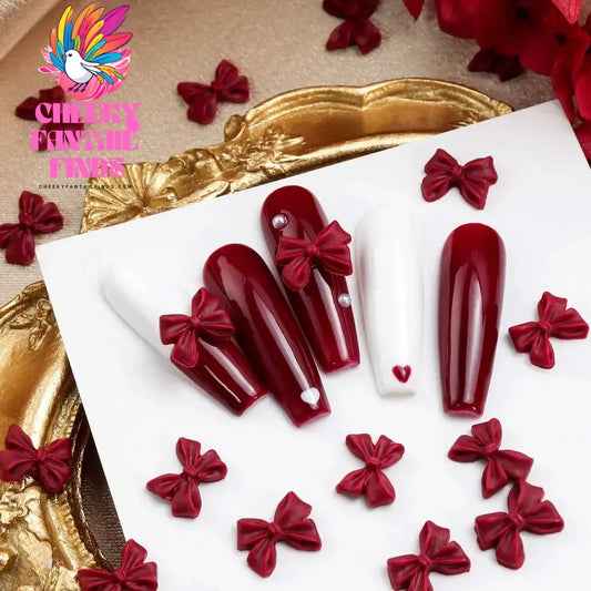 30Pcs Cherry Red Bow Nail Charms Valentine's Dark Red Tie Nail Parts Supplies for DIY Women's Nail Salon Design Decoration Cheeky Fantail Finds