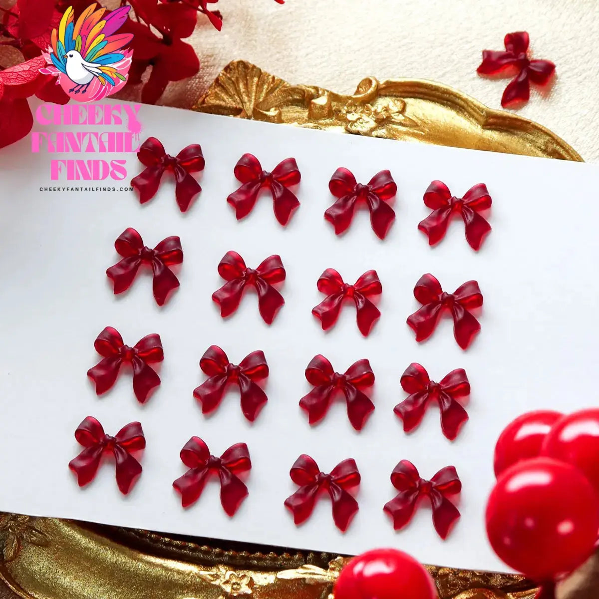 30Pcs Cherry Red Bow Nail Charms Valentine's Dark Red Tie Nail Parts Supplies for DIY Women's Nail Salon Design Decoration Cheeky Fantail Finds