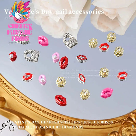 3D Pink/Red Lips Love Valentine Nail Charms Sweet Lover Heart Alloy Design Jewelry Nails Art Manicure Decoration Accessories Cheeky Fantail Finds