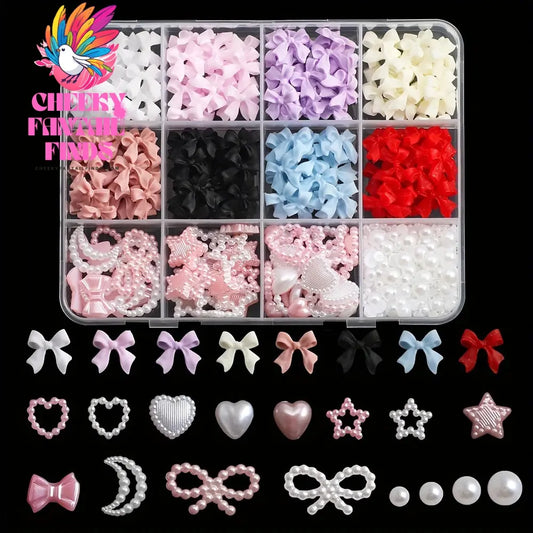 500PCS 3D Nail Art Decoration Kit with Resin Bows, Flat Back Pearls, and Assorted Shapes – Unscented DIY Craft Embellishments Cheeky Fantail Finds
