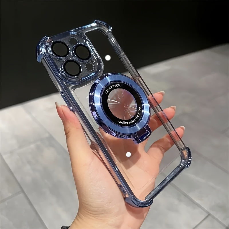 Luxury Electroplated Bracket Magnetic Suction Phone Case For IPhone 15 14Plus 13 12 11 15Pro Max Anti-drop Shell With HD Lens Film