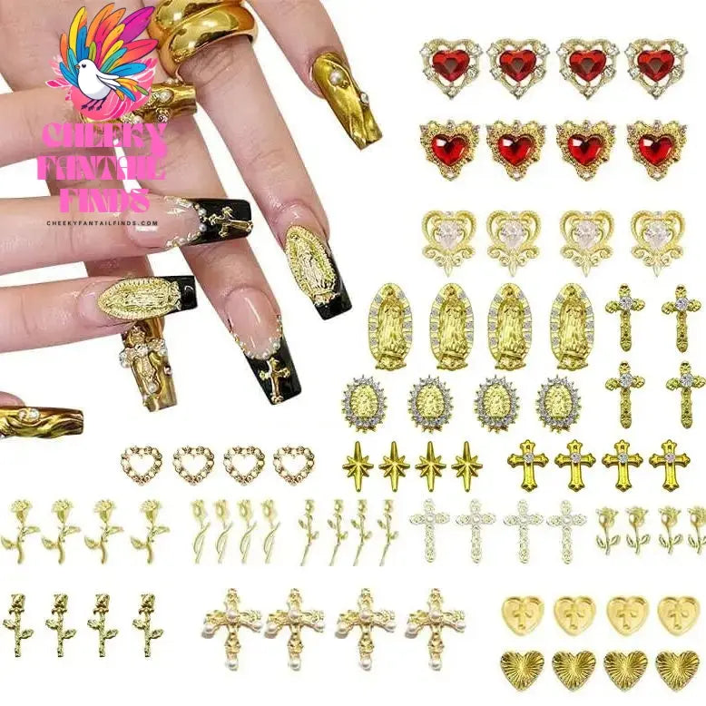 72pcs Gold Nail Charms Set with Gold Cross, Hearts, Rose, and Virgin Mary - Y2K 3D Chrome Nail Decorations Cheeky Fantail Finds