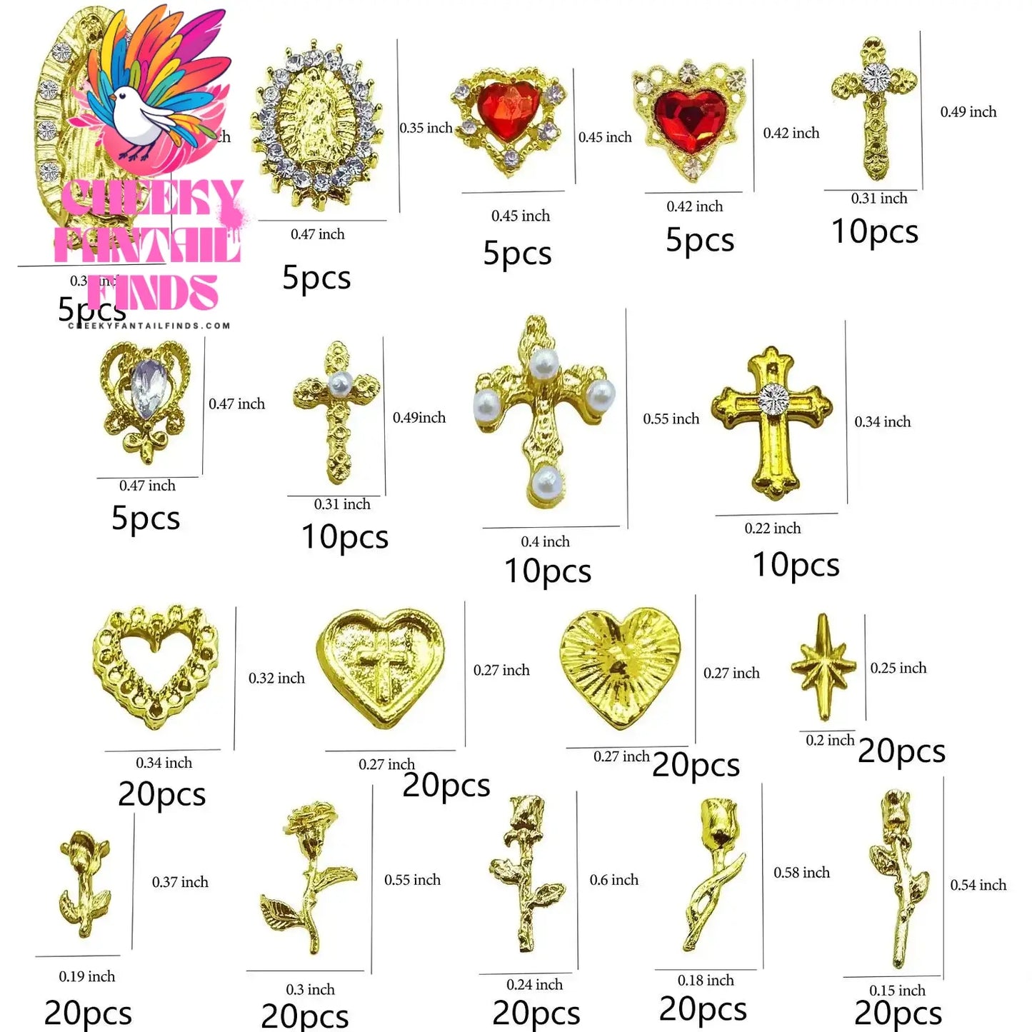 72pcs Gold Nail Charms Set with Gold Cross, Hearts, Rose, and Virgin Mary - Y2K 3D Chrome Nail Decorations Cheeky Fantail Finds