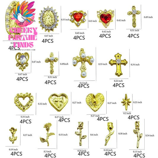 72pcs Gold Nail Charms Set with Gold Cross, Hearts, Rose, and Virgin Mary - Y2K 3D Chrome Nail Decorations Cheeky Fantail Finds