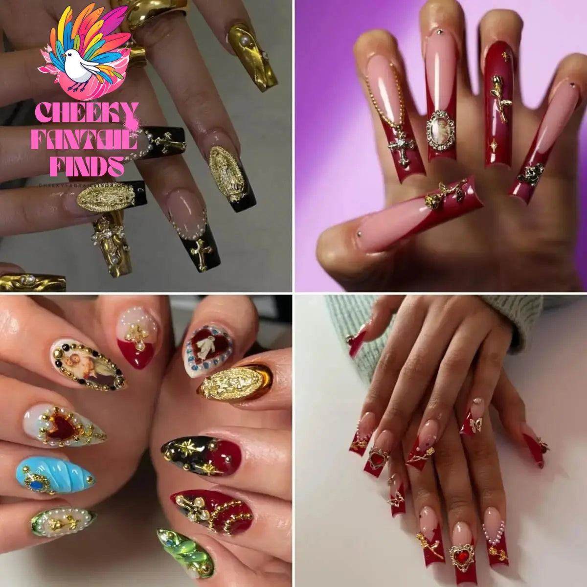 72pcs Gold Nail Charms Set with Gold Cross, Hearts, Rose, and Virgin Mary - Y2K 3D Chrome Nail Decorations Cheeky Fantail Finds