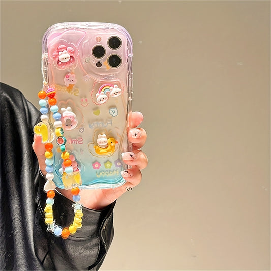 Vibrant Cartoon Phone Case - 3D Rabbit Flower Design, Transparent, Soft, Clear Candy Cover with Fruit, Duck, Love Heart, Star, Bear Chain Lanyard - Compatible with iPhone 14 Pro Max, 14 Plus, 12 Pro, 13, 11 XR