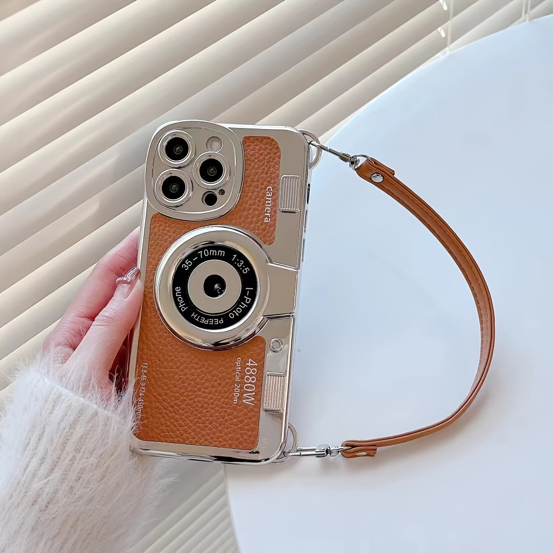 Vintage Camera Design Phone Case with PU Leather Strap for iPhone Models 11 through 14 - Stylish Protection & Convenience