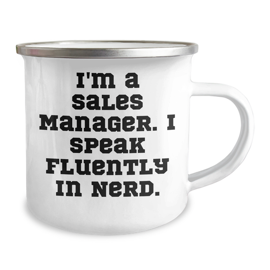 Funny Sales Manager Gifts for Men from Coworkers, Unique Graduation Present Ideas with Camping Mug Quote, 'I'm A Sales Manager. I Speak Fluently In genius.' - Image 2