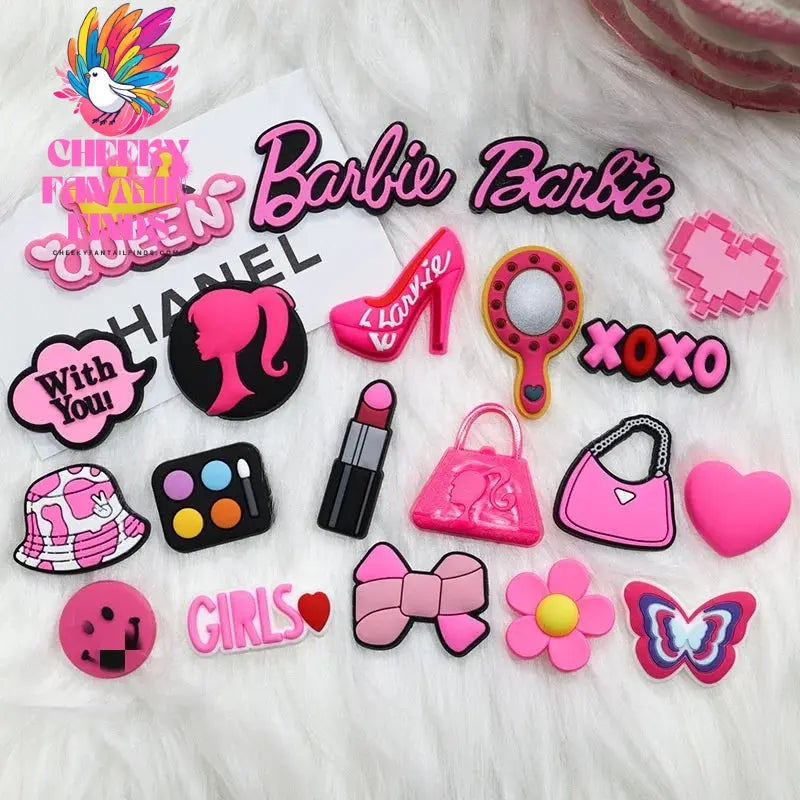 CCF 20P Cute Cartoon PVC Pink Fashion Barbie Shoe Flowers DIY Hole Shoes Sandals Charm Shoes Accessories Party Festival Gifts Cheeky Fantail Finds