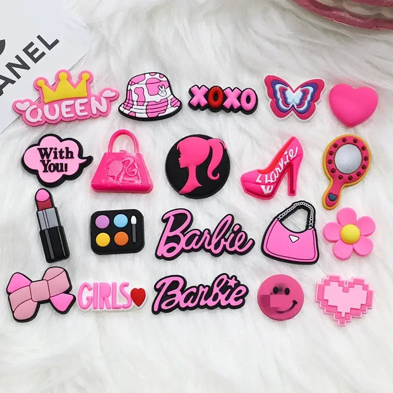 CCF 20P Cute Cartoon PVC Pink Fashion Barbie Shoe Flowers DIY Hole Shoes Sandals Charm Shoes Accessories Party Festival Gifts Cheeky Fantail Finds