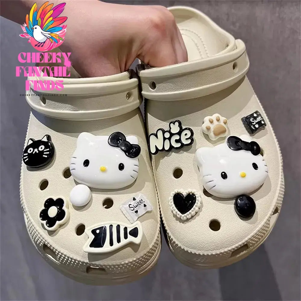 CCF Cartoon Black Series Hello Kitty Set Shoe Decoration DIY Detachable Wristband Buckle Children's Wooden Clogs Shoe Buckle Cheeky Fantail Finds