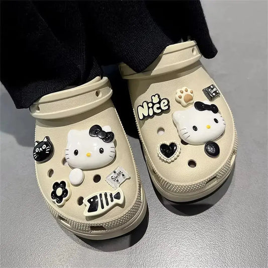 CCF Cartoon Black Series Hello Kitty Set Shoe Decoration DIY Detachable Wristband Buckle Children's Wooden Clogs Shoe Buckle Cheeky Fantail Finds