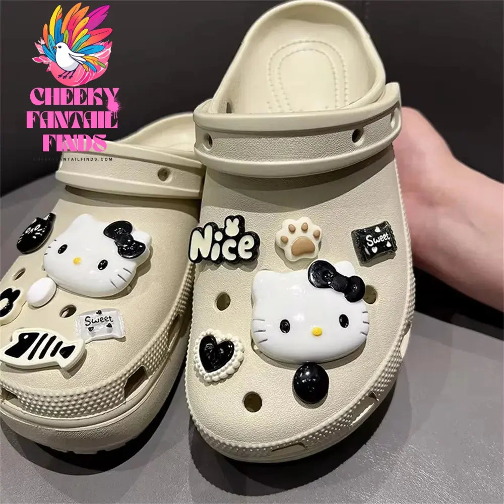 CCF Cartoon Black Series Hello Kitty Set Shoe Decoration DIY Detachable Wristband Buckle Children's Wooden Clogs Shoe Buckle Cheeky Fantail Finds