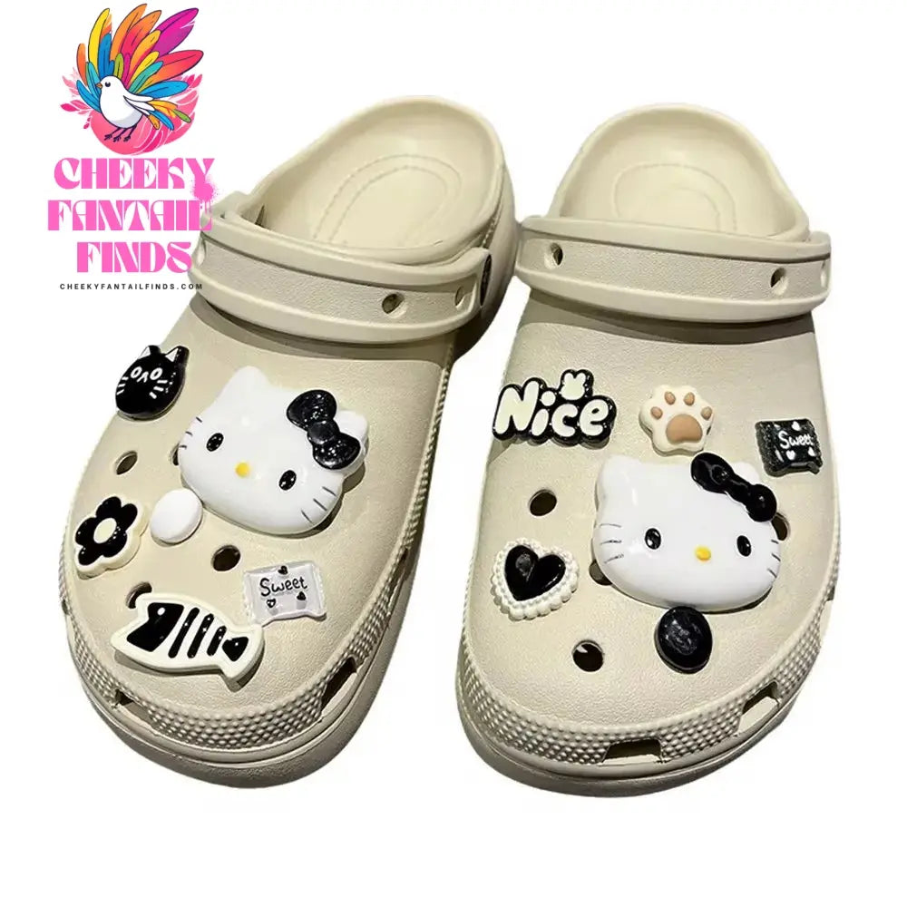 CCF Cartoon Black Series Hello Kitty Set Shoe Decoration DIY Detachable Wristband Buckle Children's Wooden Clogs Shoe Buckle Cheeky Fantail Finds