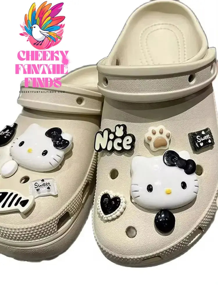 CCF Cartoon Black Series Hello Kitty Set Shoe Decoration DIY Detachable Wristband Buckle Children's Wooden Clogs Shoe Buckle Cheeky Fantail Finds