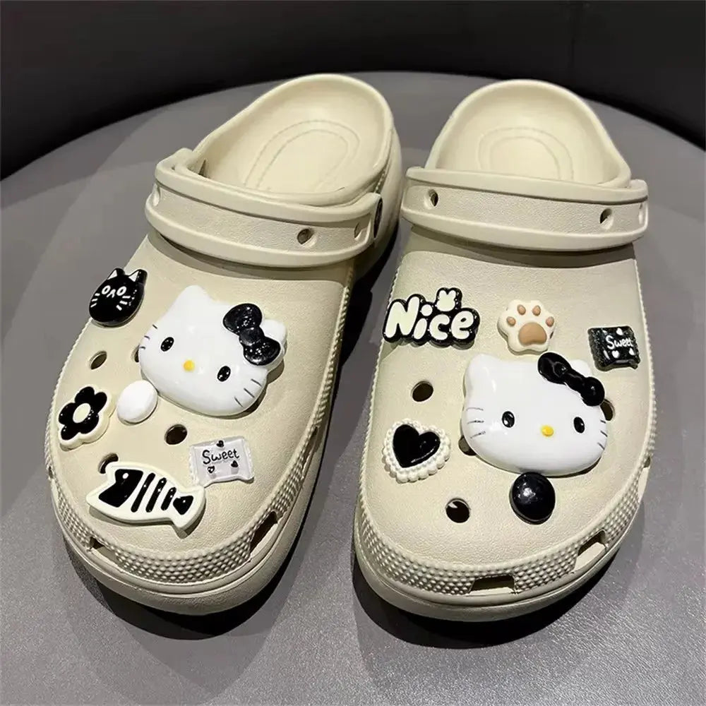 CCF Cartoon Black Series Hello Kitty Set Shoe Decoration DIY Detachable Wristband Buckle Children's Wooden Clogs Shoe Buckle Cheeky Fantail Finds