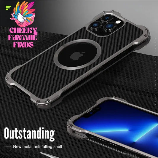 Carbon Fiber Lens Protection Phone Case for iPhone 14 Plus 12 13 Pro Max Mini Compatible with MagSafe Metal Bumpers Cover Cheeky Fantail Finds